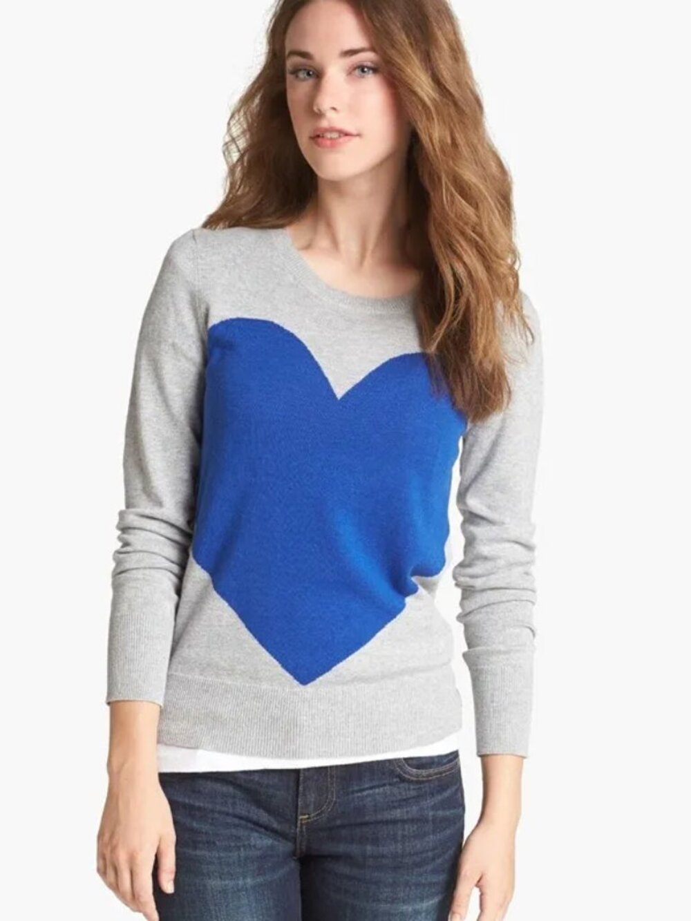 Halogen - Love Heart Graphic Crewneck Sweater | Size Small | Gray and Blue